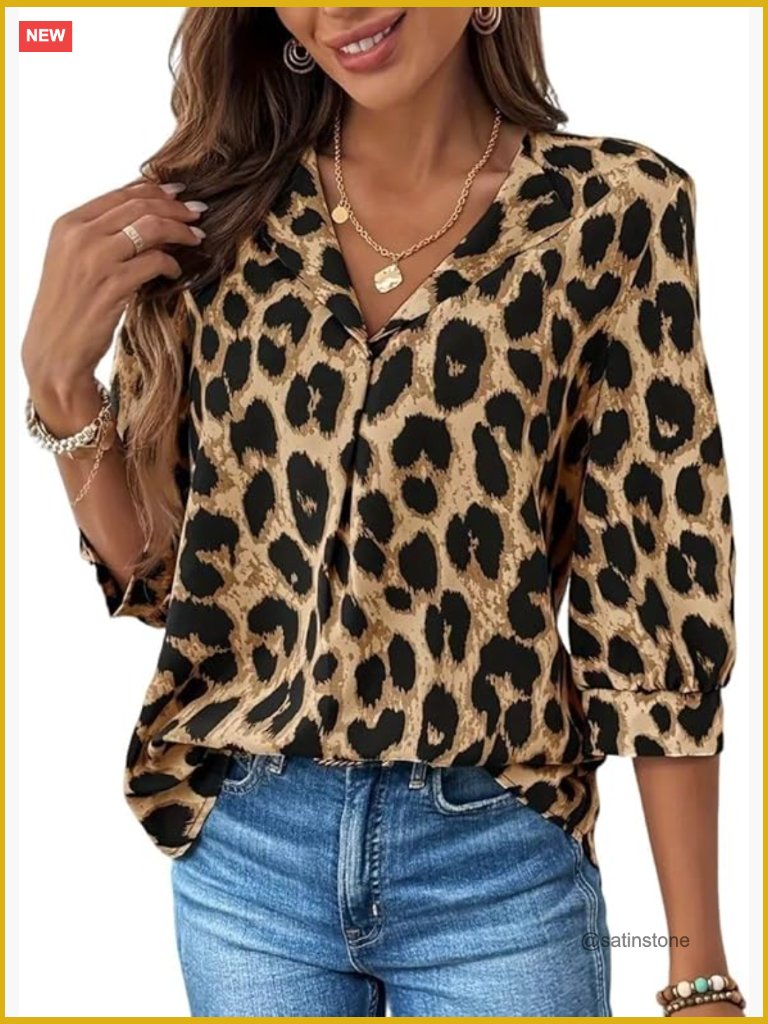 Leopard Print Polyester Tunic Top With V-Neck And Half Sleeves